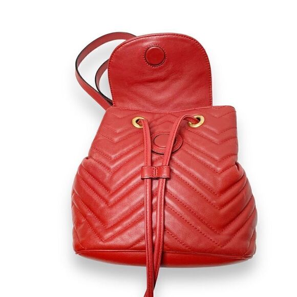 Gucci Marmont Metallasse Quilted Chevron Leather Drawstring Backpack Mini GG Red main image 8
